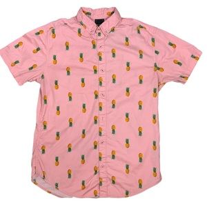 Raw Yarn Stretch Comfort men’s novelty pineapples print pink button down shirt M